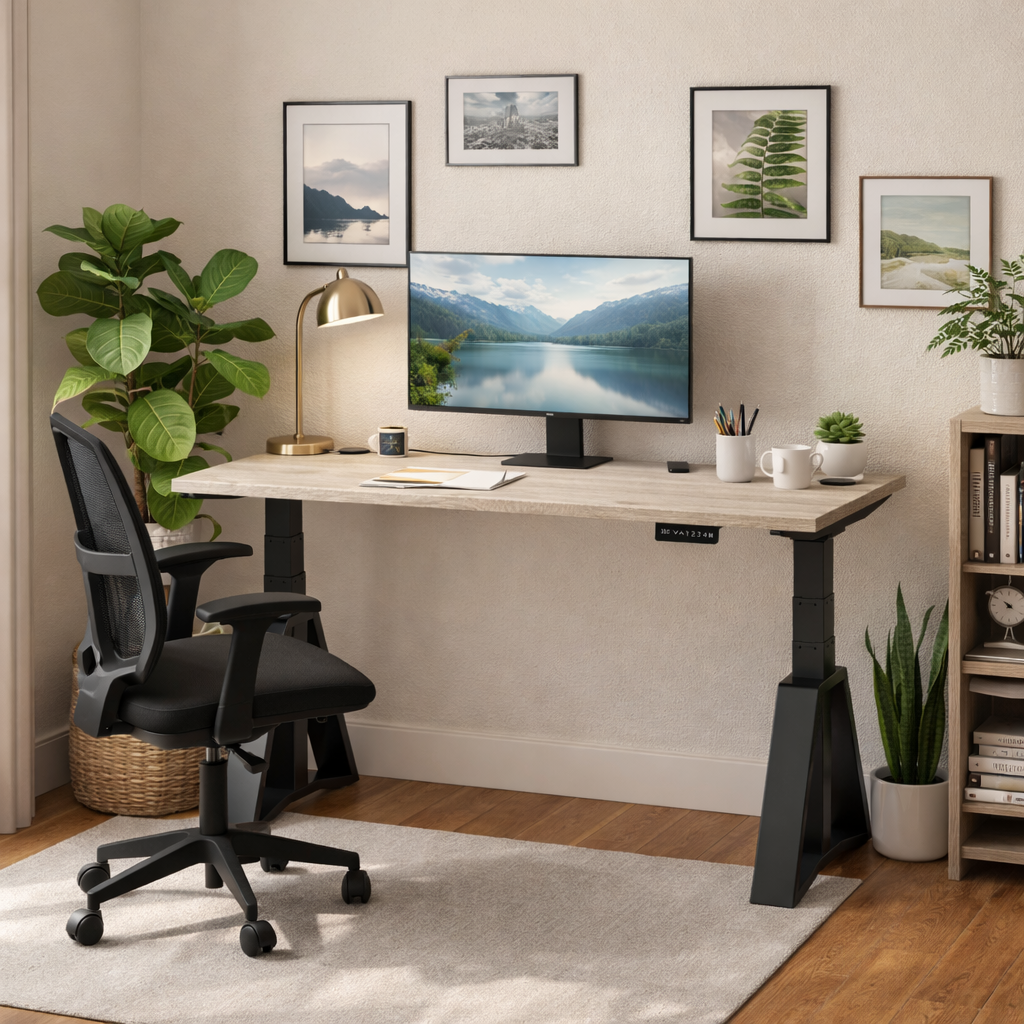 Air Height Adjustable Slimline Desk With Cable Ports With Piste Foot